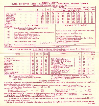 Elder Dempster fares 1964