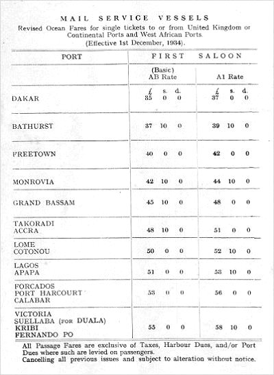 Elder Dempster fares 1934
